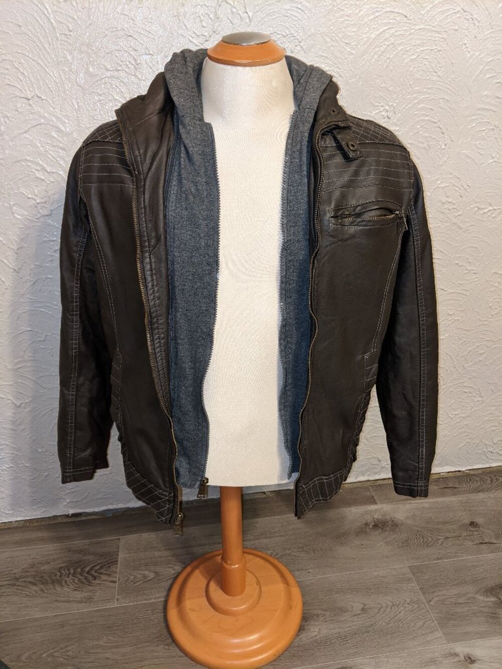 Men's Faux Leather Jacket with Detachable Jersey Hood